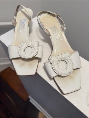 Salvatore Ferragamo White Leather Open-Toe Slingbacks